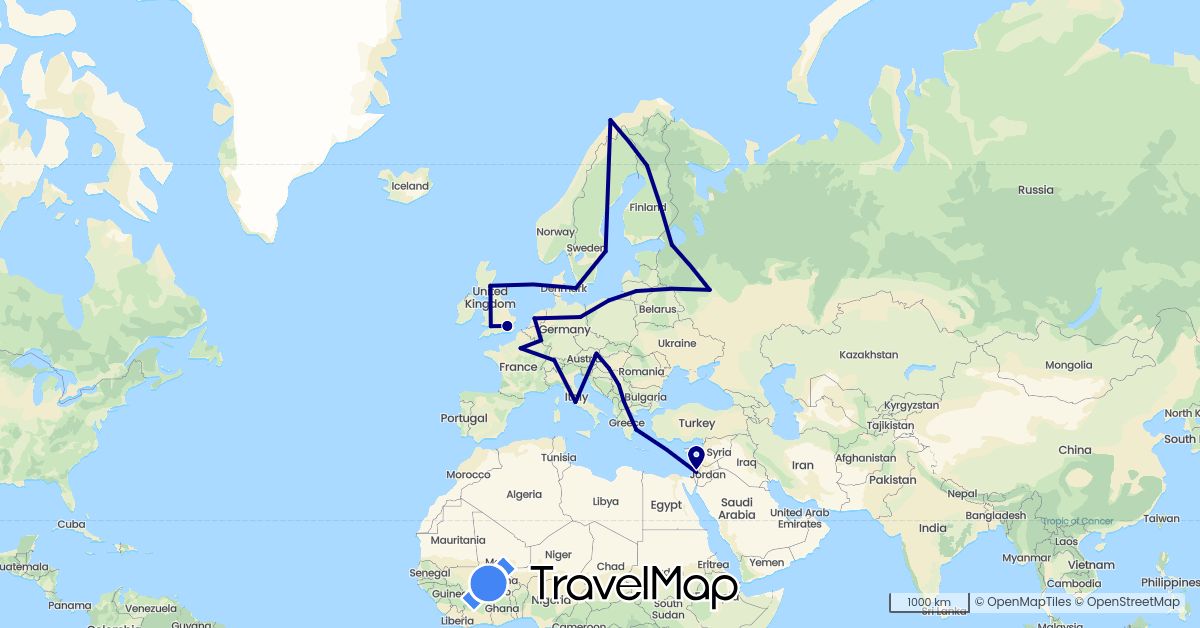 TravelMap itinerary: driving in Austria, Switzerland, Germany, Denmark, Finland, France, United Kingdom, Greece, Hungary, Israel, Italy, Lithuania, Luxembourg, Macedonia, Netherlands, Norway, Poland, Serbia, Russia, Sweden (Asia, Europe)